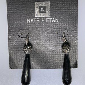 Nate & Etan black faceted Agate dangle earrings, crystal tops, sterling silver
